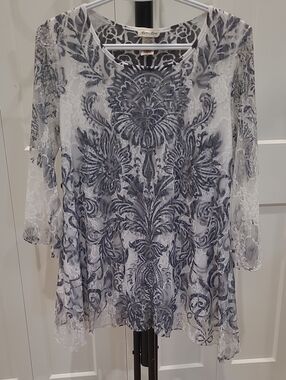 Brittany Black White Top with Gray Floral Lace Overlay